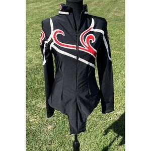 Western Show Shirt Womens‎ Medium Black Red Rhinestone Applique Zip Bodysuit